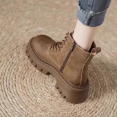 单靴英伦风机车冬季 真皮增高厚底马丁靴女2025年秋季 新款 加绒短靴