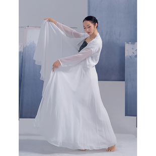 粉墨千秋新款飘逸古典舞国风汉服纯白色黑色雪纺双层长袖连衣裙