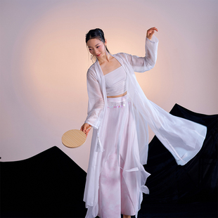 粉墨千秋戏文说同款白色雪纺古风系带长袖开衫粉色亮片流苏阔腿裤