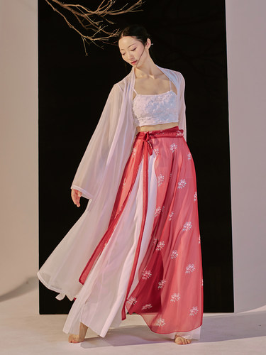 粉墨千秋 新款红色印花腰纱纱裙纱裤古典舞服单品