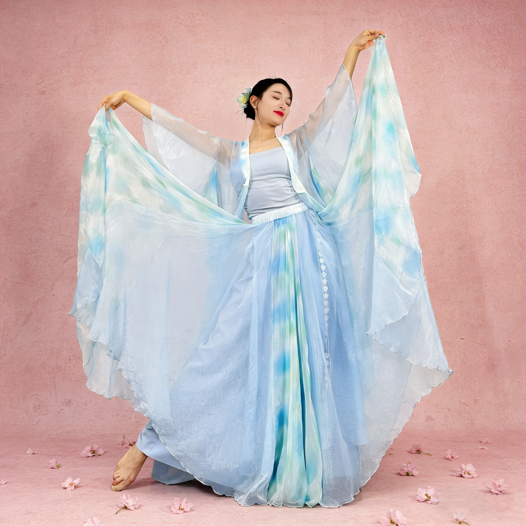 粉墨千秋 原创舞蹈服古典舞纱衣大摆裙蓝色印花开衫