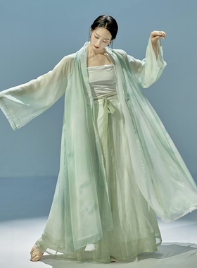 粉墨千秋 新款原创绿色印花古典舞蹈大摆宽袖长袖古典舞国风纱衣