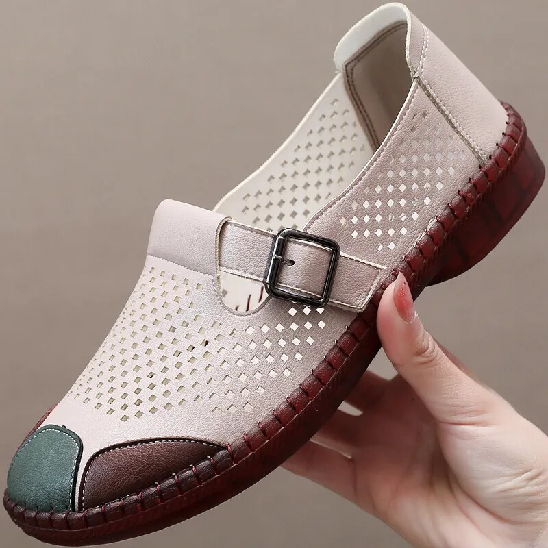 夏季老北京布鞋女网鞋透气妈妈镂空凉鞋牛筋底中老年人防滑洞洞鞋