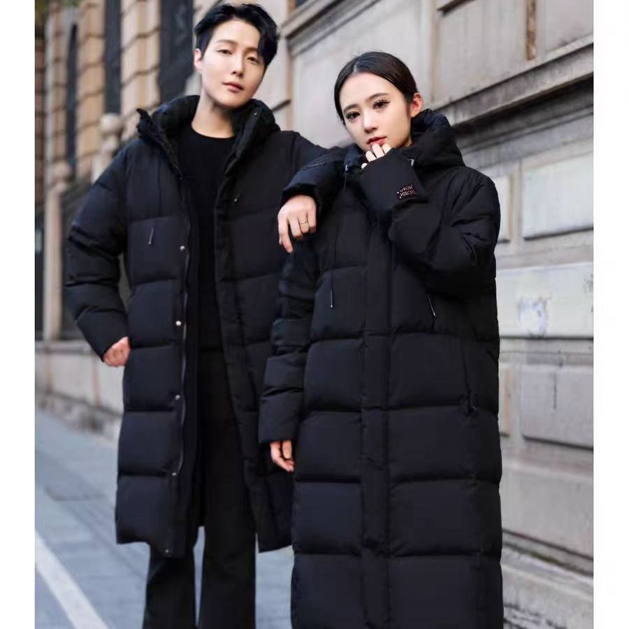 鹅绒黑金黑曜石中长款羽绒服情侣男女同款连帽加厚保暖外套