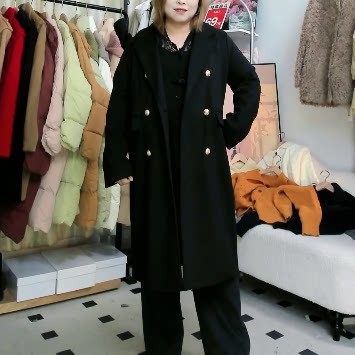 通勤风黑色双排扣中长款大衣加棉女宽松西装领外套温柔风