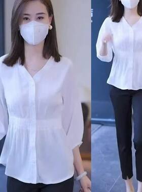 春夏新款通勤风V领衬衫女七分袖收腰遮肚子显瘦上衣