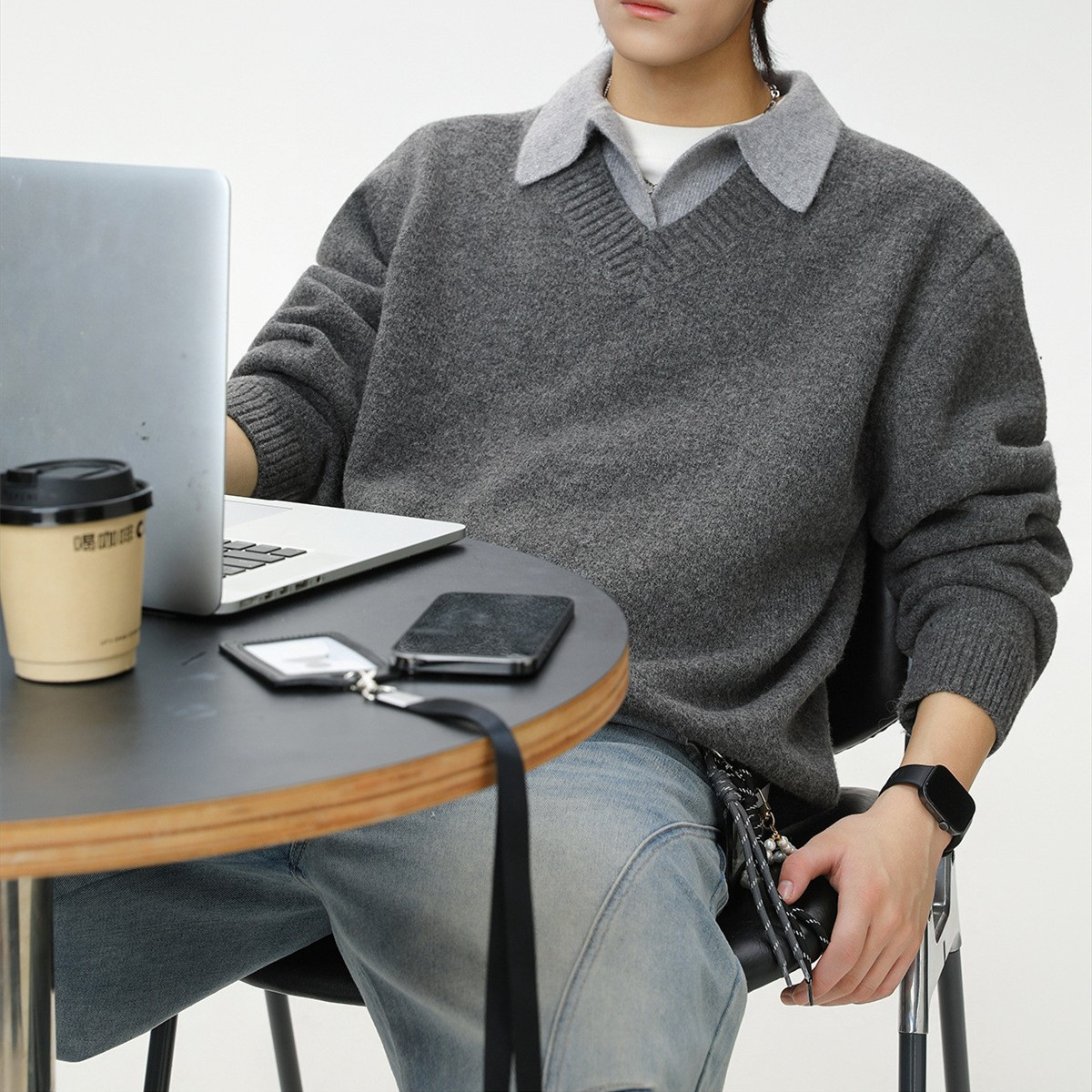 秋冬季男毛衣假两件男装上衣服打底衫内衣成熟翻领有带领子针织衫