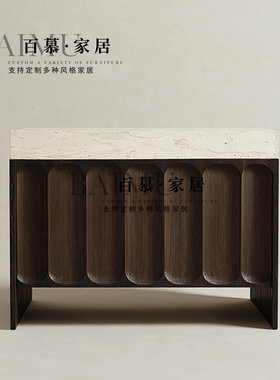 中古风创意实木洞石玄关柜法式复古靠墙收纳储物柜设计师款餐边柜