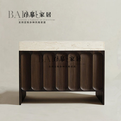 中古风创意实木洞石玄关柜法式复古靠墙收纳储物柜设计师款餐边柜