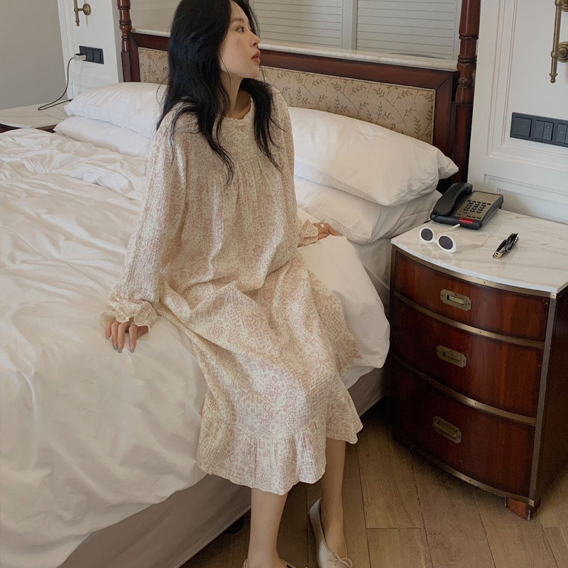 杜小宅小蕾丝温柔棉纱裙纯棉长款睡裙双层婴儿纱休闲长裙家居服女