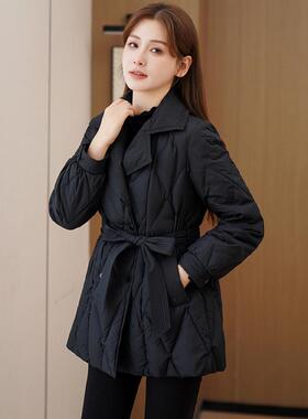 2025新款西装领羽绒棉服韩版收腰显瘦中长款黑色棉衣菱格时尚外套