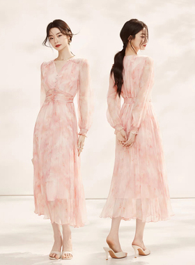 BTRS M丨真丝桑蚕丝碎花连衣裙女2026新款法式高级感收腰超仙长裙