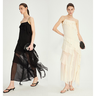 BTRS 重磅真丝桑蚕丝轻盈飘逸斜裁荷叶边海边度假风吊带连衣裙