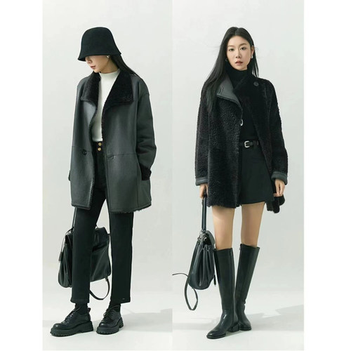 BTRS M丨西班牙进口Lacon双面穿羊毛皮毛一体皮草外套女2025新款