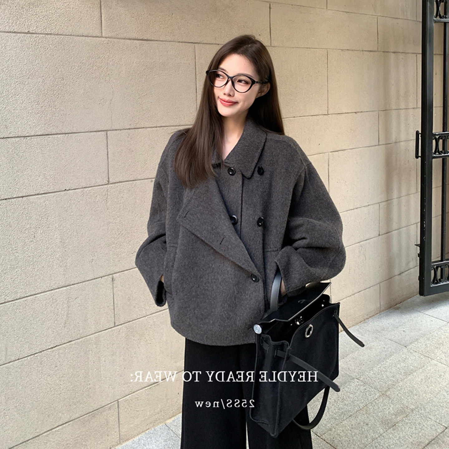 BTRS M丨双面呢大衣女款2026新款双层门襟宽松翻领短款羊毛呢外套图片