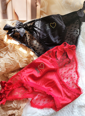 缎面蝴蝶结绑带本命年红色内裤女士蕾丝性感薄结婚三角裤低腰透气