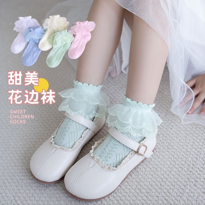花边袜女童袜子夏薄款白色拉丁舞袜子考级专用蕾丝公主袜舞蹈袜子