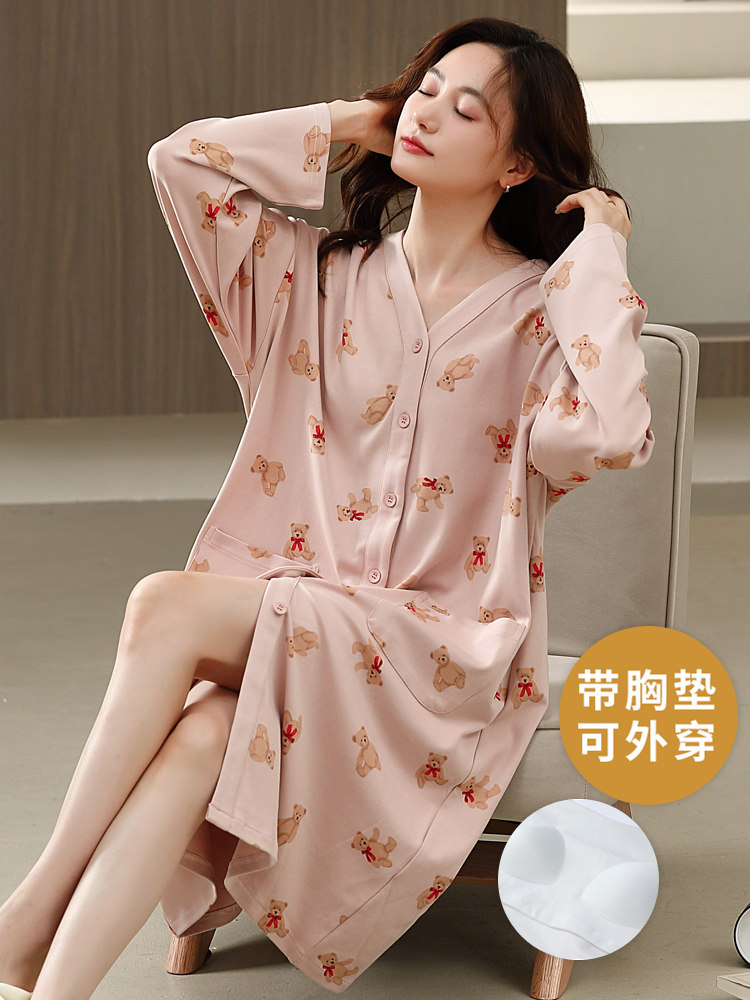 봄 가을 여성용 잠옷 가슴 패드가 내장된 순면 긴팔 대형 잠옷 가디건 여름 및 겨울 루즈한 홈복