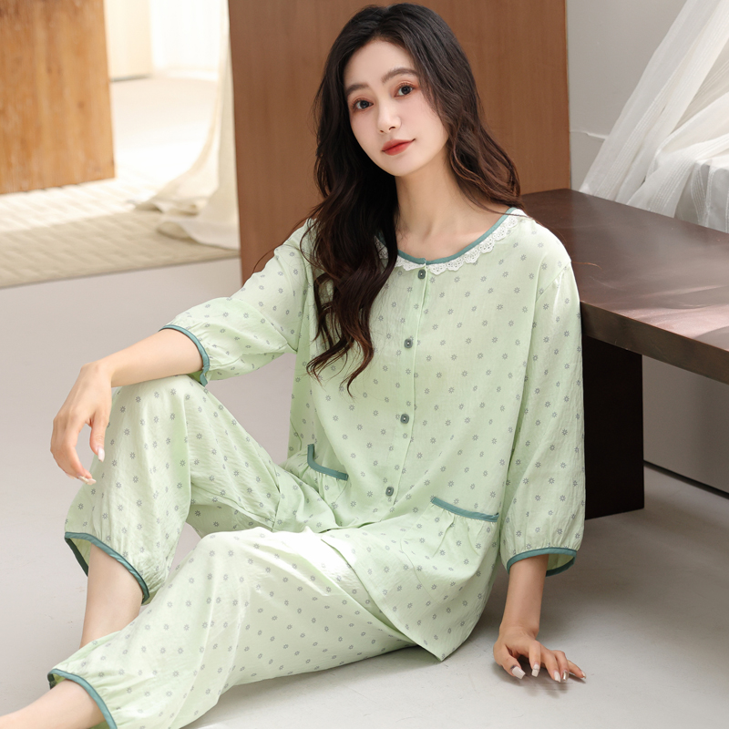 夏季七分袖睡衣套装女云朵棉大码春秋天家居服宽松开衫可外穿韩版