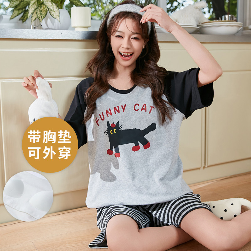 夏季自带胸垫一体短袖睡衣套装大码女士家居服条纹卡通可外穿夏天