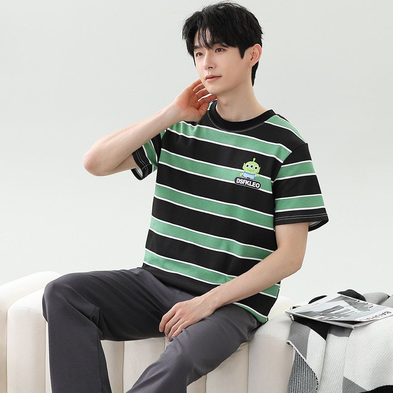 条纹卡通长裤大码男士爸爸夏天家居服可外穿夏季休闲睡衣套装短袖