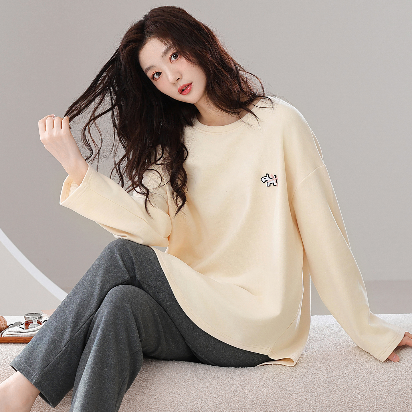 长袖睡衣套装保暖羊毛蚕丝德绒女