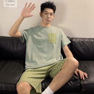 夏季男短袖睡衣套装大码薄款可外穿青少年休闲运动条纹格子家居服