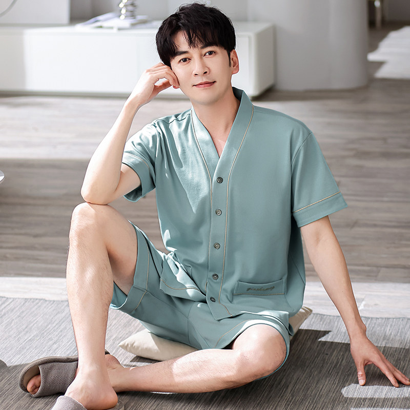 运动男士睡衣套装夏季开衫短袖和服式加肥加大码可外穿春秋字母
