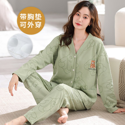 春秋季长袖睡衣套装女自带胸垫一体夏冬款家居服棉和服开衫大码