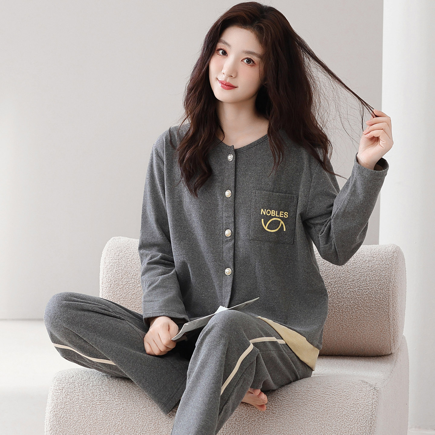 开衫长袖睡衣套装羊毛蚕丝德绒女