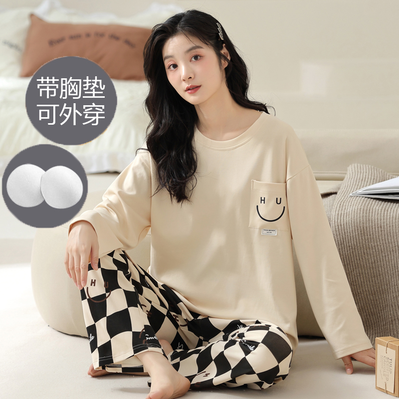 女自带胸垫一体长袖家居服套装