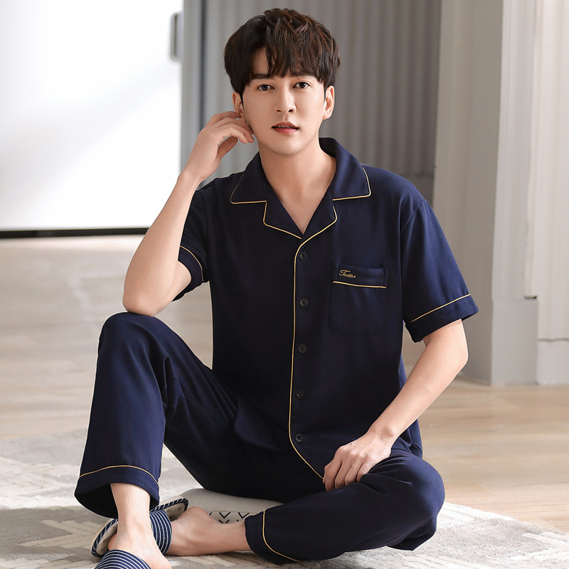 夏季加肥加大码短袖睡衣套装男士长裤家居服大码开衫可外穿运动