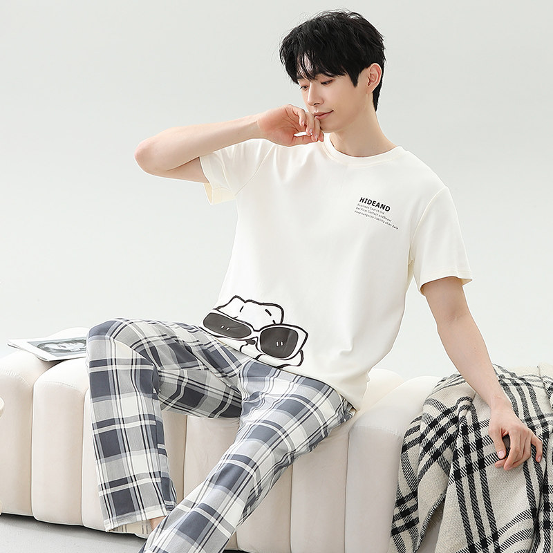 卡通家居服可外穿夏季休闲睡衣套装短袖长裤大码男士爸爸夏天薄款