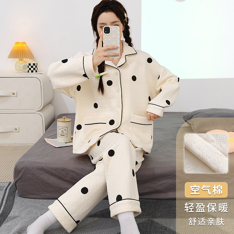 春秋季开衫夹层长袖睡衣套装空气棉女款冬家居服保暖韩版可外穿