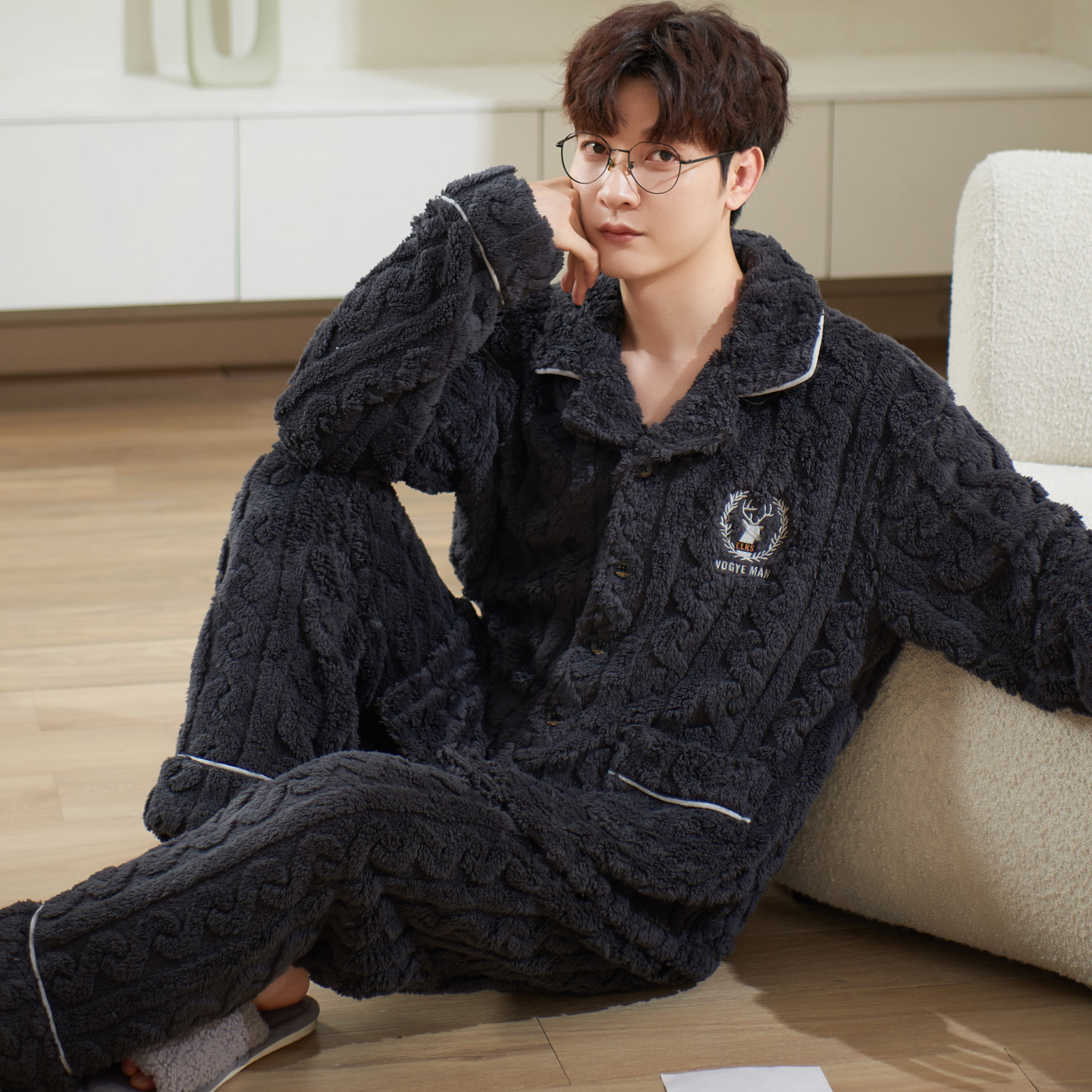 男士长袖睡衣套装珊瑚绒家居服