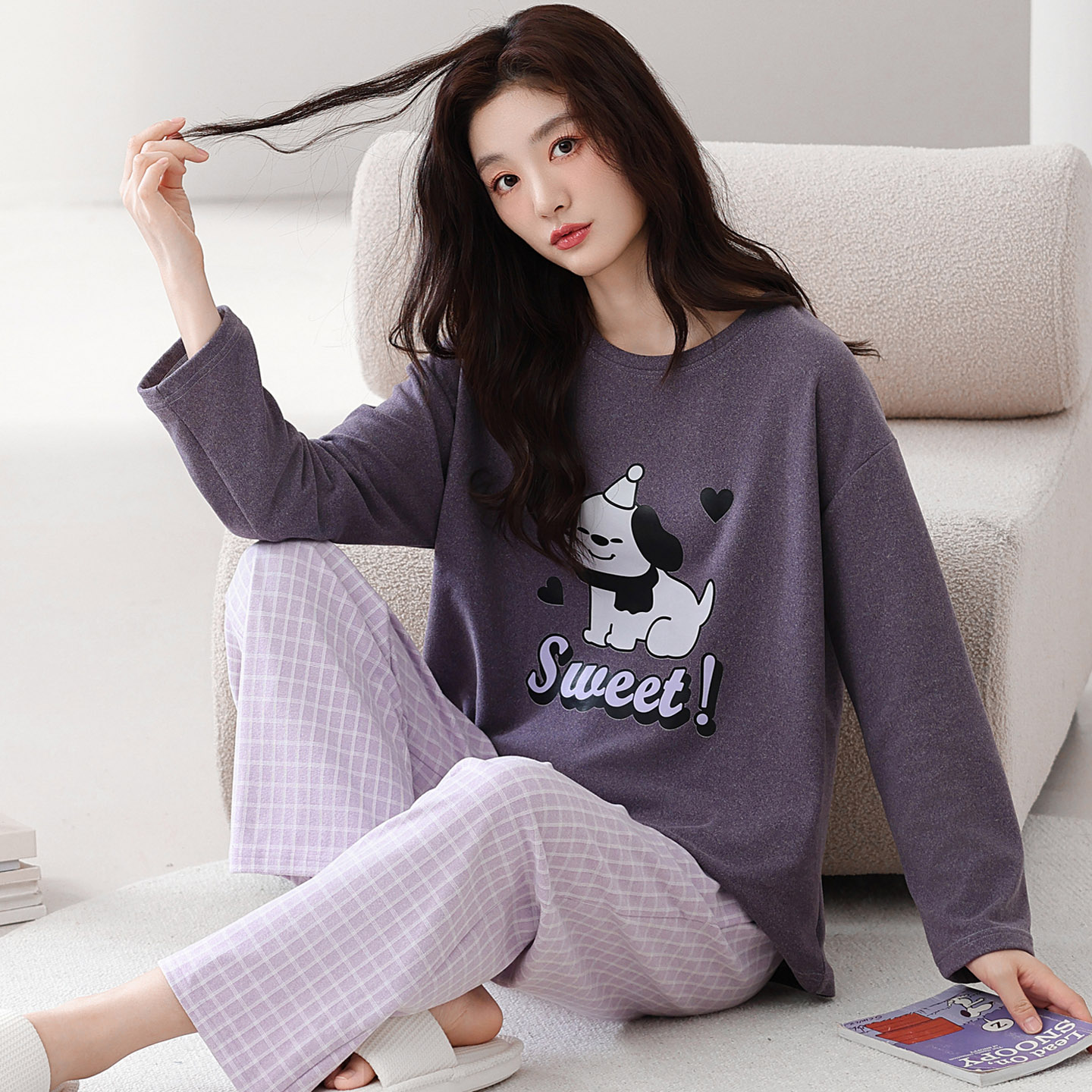 长袖睡衣套装羊毛蚕丝德绒女加绒