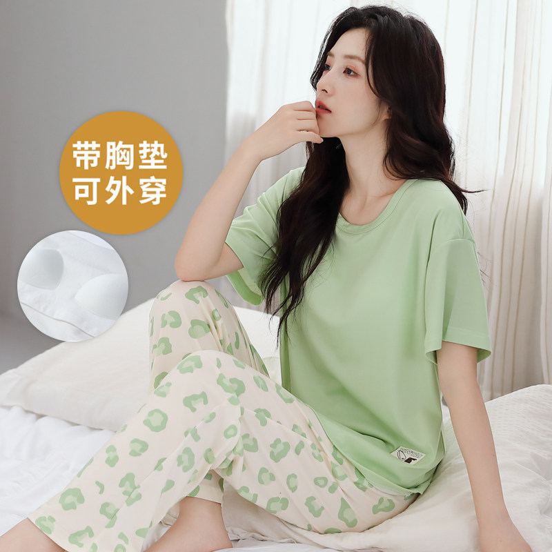 夏季女士睡衣带胸垫大码短袖套装