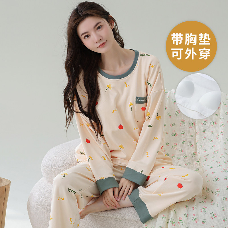 自带胸垫大码睡衣套装春秋长袖女