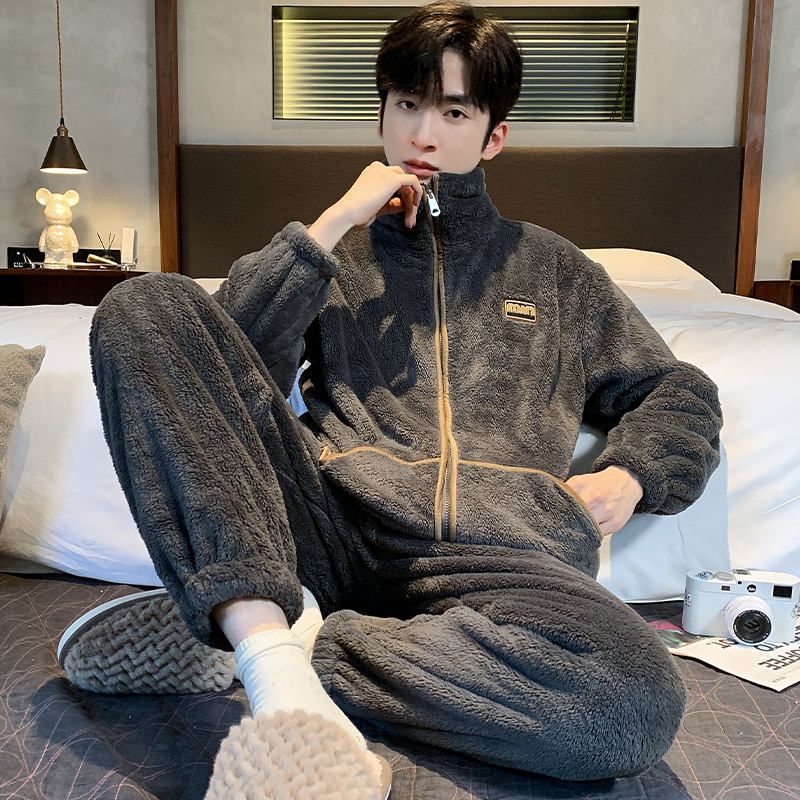 拉链加绒加厚睡衣套装法兰绒男士