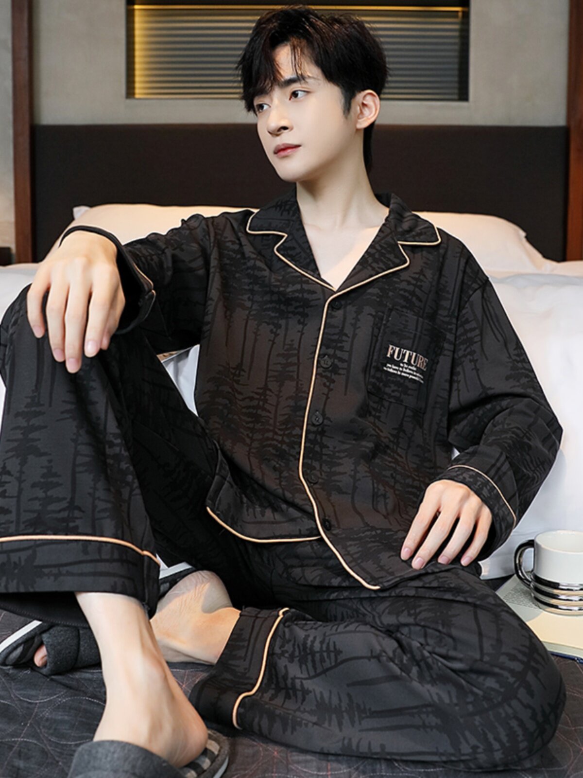 PAJAMAS MENS COTTON SPRING AND AUTUMN PLUS SIZE LOOSE CASUAL LONG SLEEVE SUIT CARDIGAN CAN BE WORN OVER SUMMER AND WINTER LOUNGEWEAR