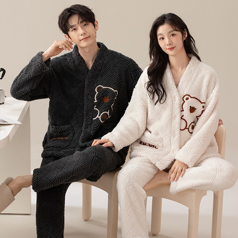 情侣睡衣套装男士法兰绒开衫保暖