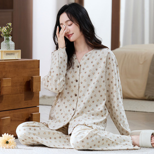 夏季冰丝长袖睡衣套装开衫女夏冬天家居服莫代尔家居服薄款春秋天