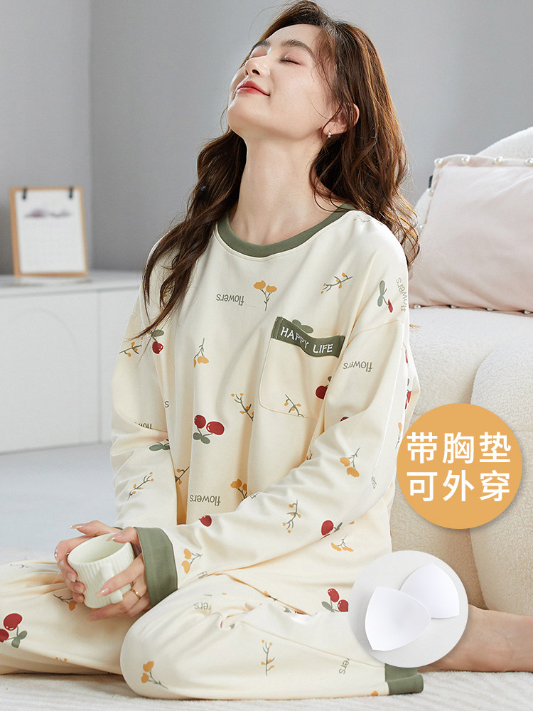 SPRING AND AUTUMN PAJAMAS WOMENS COTTON CUTE SELF-CONTAINED CHEST PAD ALL-IN-ONE SET PLUS SIZE STUDENT SUMMER AND WINTER LONG SLEEVE LOUNGEWEAR