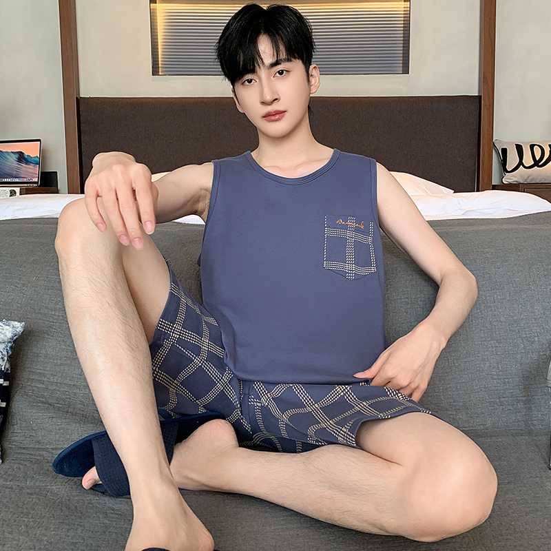 夏季男士背心睡衣套装大码家居服无袖韩版格子薄款可外穿休闲运动