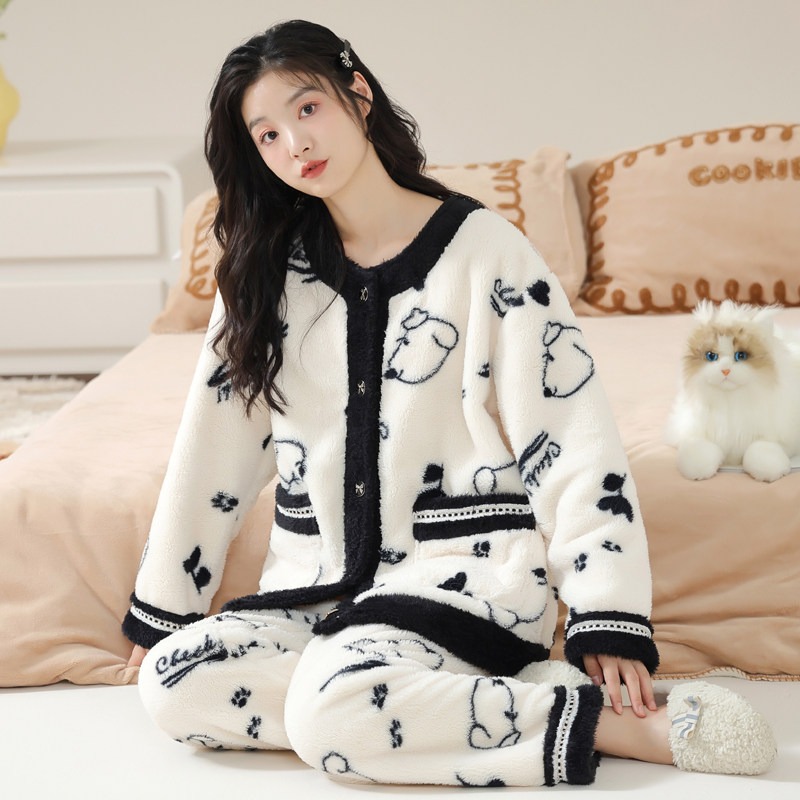 珊瑚绒开衫保暖睡衣套装女款法兰绒春季加绒加厚家居服和服秋冬天
