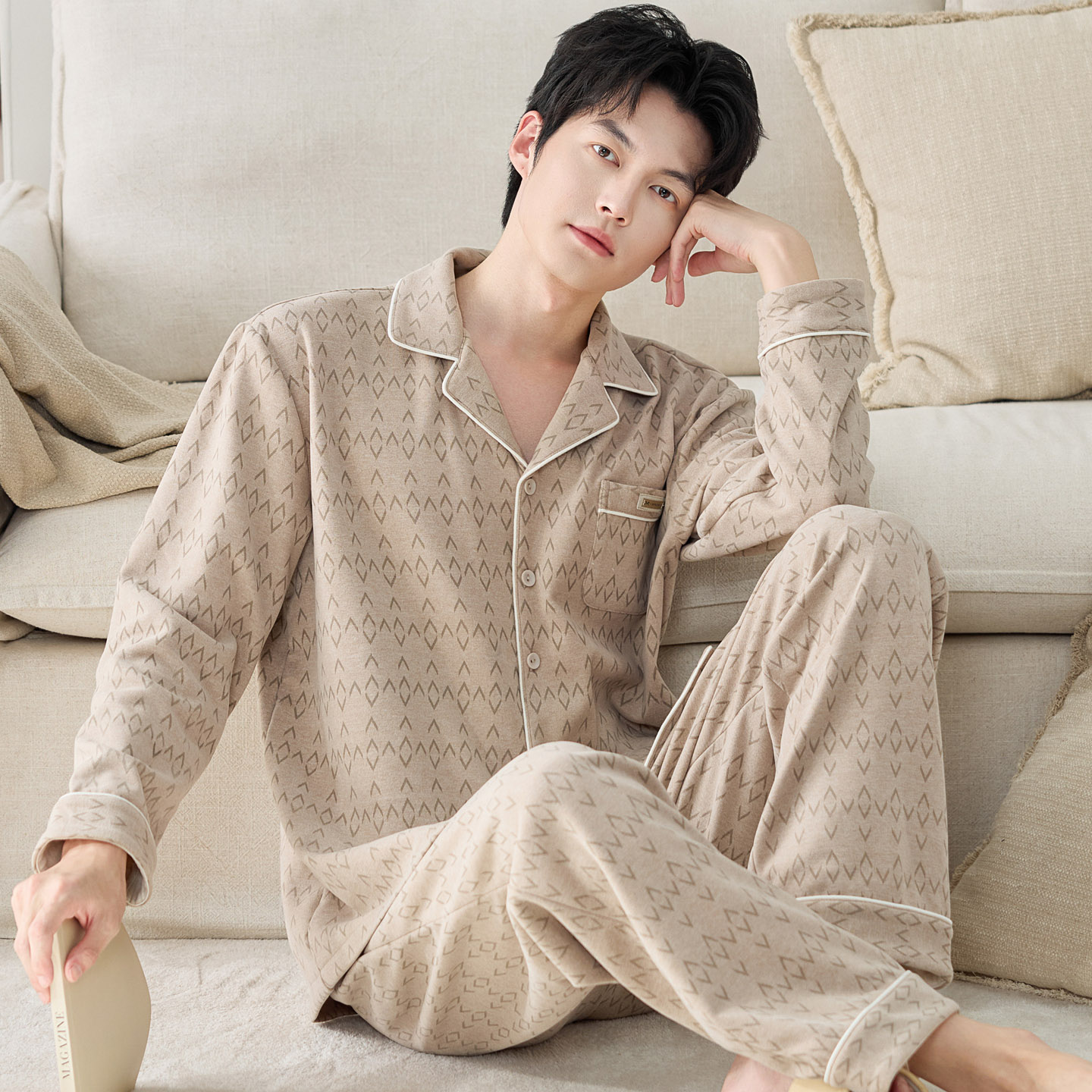 羊毛蚕丝德绒保暖长袖睡衣套装男