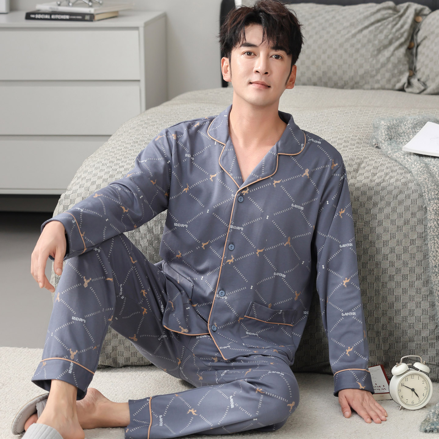 春秋季开衫长袖睡衣套装男士家居服夏冬天休闲运动可外穿字母薄款