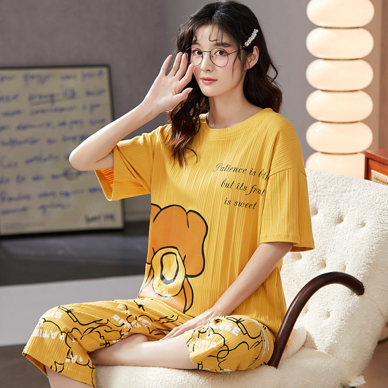 夏季短袖睡衣套装女士家居服七分裤夏天薄款可外穿大码运动卡通