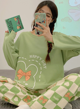 春秋季睡衣女大码学生可爱大码宽松长袖套装可外穿夏冬韩版家居服