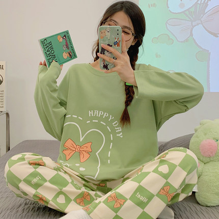 春秋季睡衣女大码学生可爱大码宽松长袖套装可外穿夏冬韩版家居服